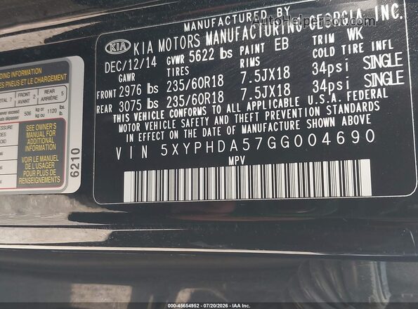 5XYPHDA57GG004690 2016 KIA SORENTO Black Շարժիչի բաժամունքի տեսք
