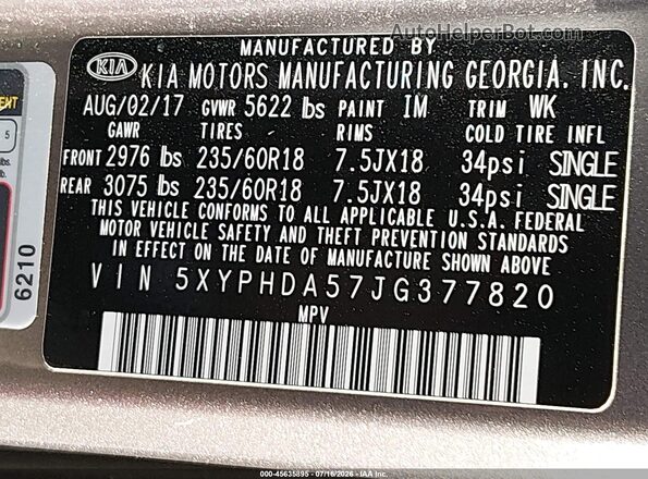 5XYPHDA57JG377820 2018 KIA SORENTO Серебряный Вид подкапотного пространства