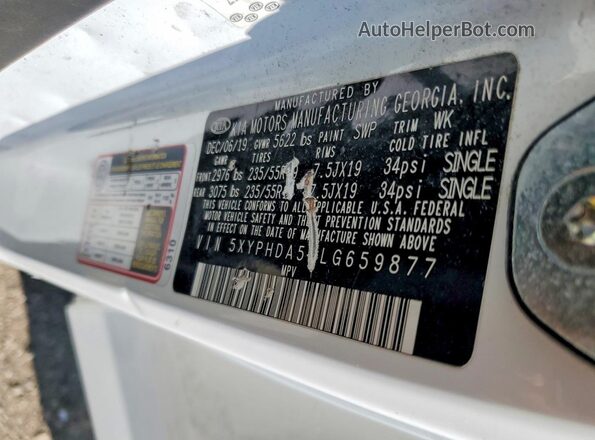 5XYPHDA57LG659877 2020 KIA SORENTO White Widok naklejki z numerem VIN
