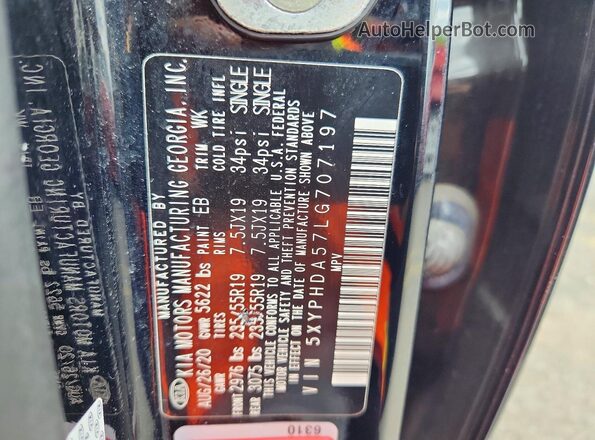 5XYPHDA57LG707197 2020 KIA SORENTO Black Vista de la etiqueta del VIN