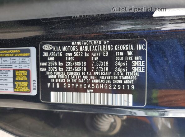 5XYPHDA58HG229119 2017 KIA SORENTO Black Engine compartment view