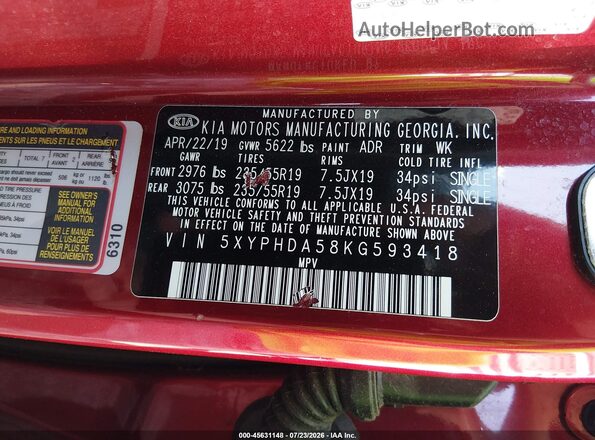 5XYPHDA58KG593418 2019 KIA SORENTO Red Շարժիչի բաժամունքի տեսք