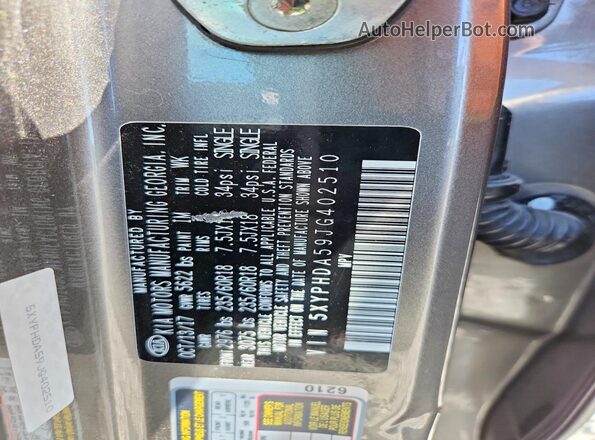 5XYPHDA59JG402510 2018 KIA SORENTO Gray VIN sticker view