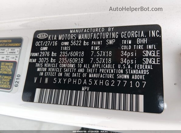 5XYPHDA5XHG277107 2017 KIA SORENTO White Շարժիչի բաժամունքի տեսք