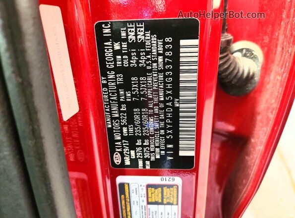 5XYPHDA5XHG337838 2017 KIA SORENTO Red VIN կոդի պիտակի տեսք