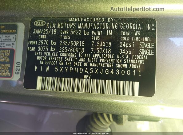 5XYPHDA5XJG430011 2018 KIA SORENTO Gray Вид підкапотного простору