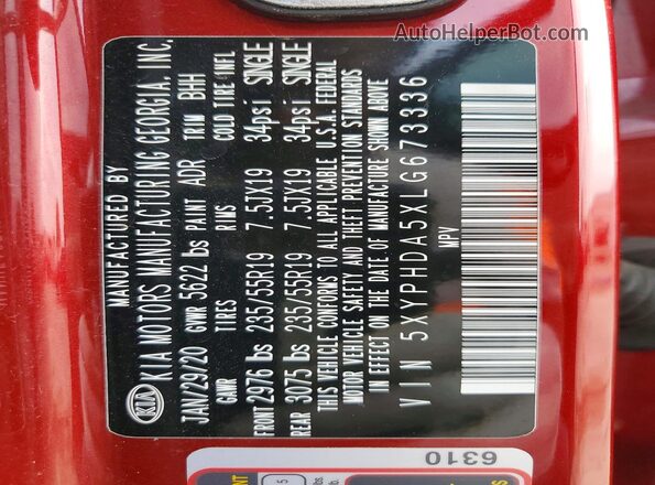 5XYPHDA5XLG673336 2020 KIA SORENTO Red VIN sticker view