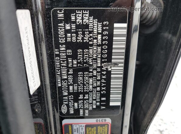 5XYPK4A51GG033913 2016 KIA SORENTO Black VIN კოდის სტიკერის ხედი