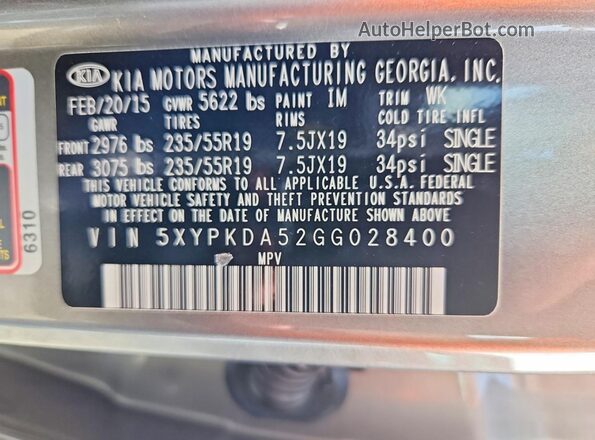 5XYPKDA52GG028400 2016 KIA SORENTO Gray Vista interior de 360 grados