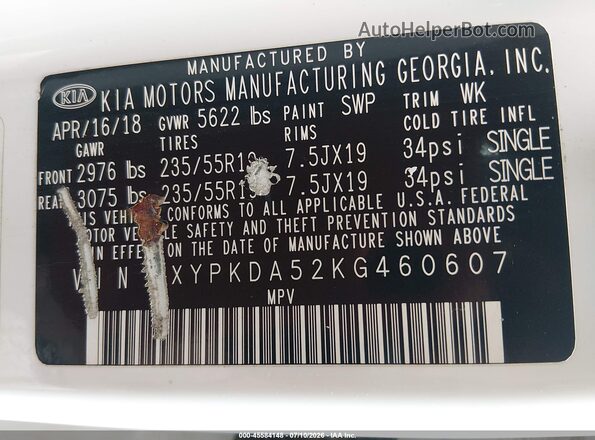 5XYPKDA52KG460607 2019 KIA SORENTO Белый Вид подкапотного пространства