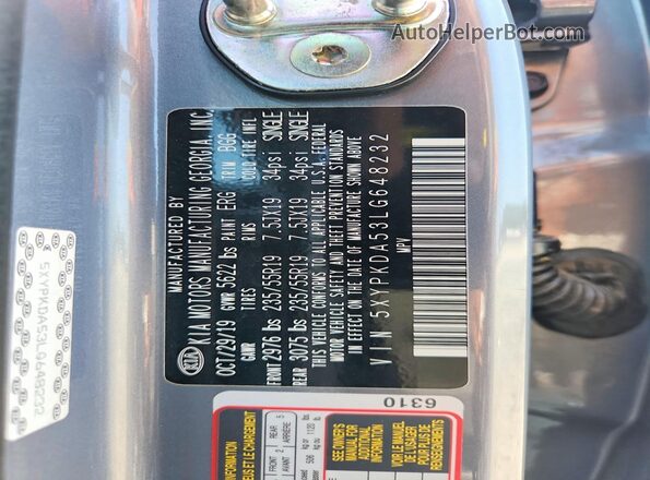 5XYPKDA53LG648232 2020 KIA SORENTO Серый Панорамный вид салона 360°