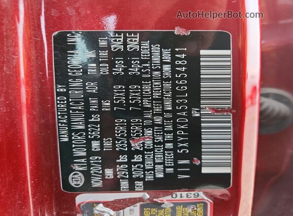 5XYPKDA53LG654841 2020 KIA SORENTO Red Սալոնի 360 աստիճան տեսք