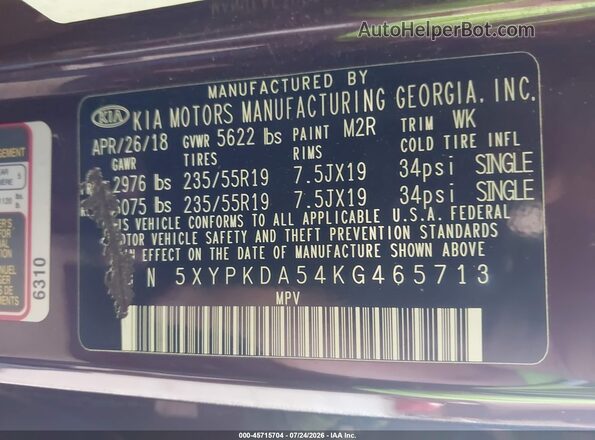 5XYPKDA54KG465713 2019 KIA SORENTO Maroon Widok komory silnika
