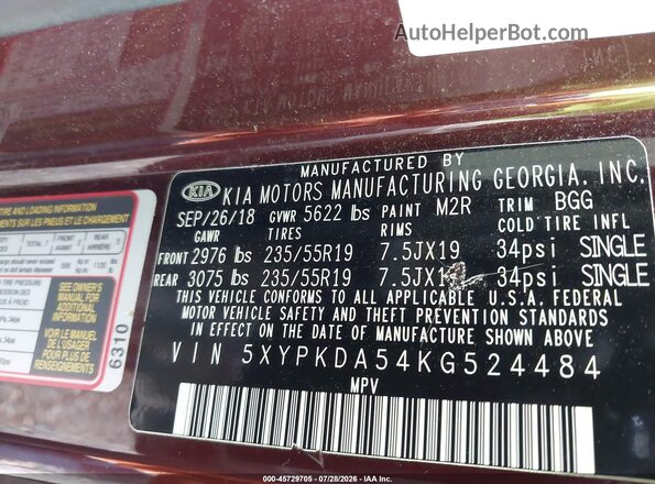5XYPKDA54KG524484 2019 KIA SORENTO Burgundy Widok komory silnika