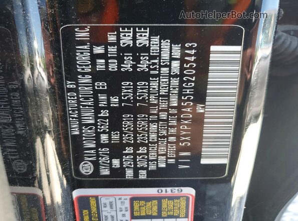 5XYPKDA55HG205443 2017 KIA SORENTO Black Вид наклейки з VIN-кодом