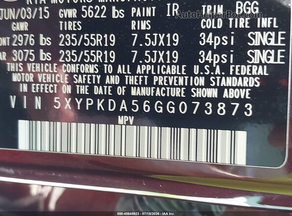 5XYPKDA56GG073873 2016 KIA SORENTO Purple Widok komory silnika