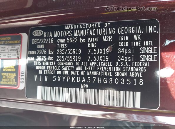 5XYPKDA57HG303518 2017 KIA SORENTO Burgundy ძრავის განყოფილების ხედი