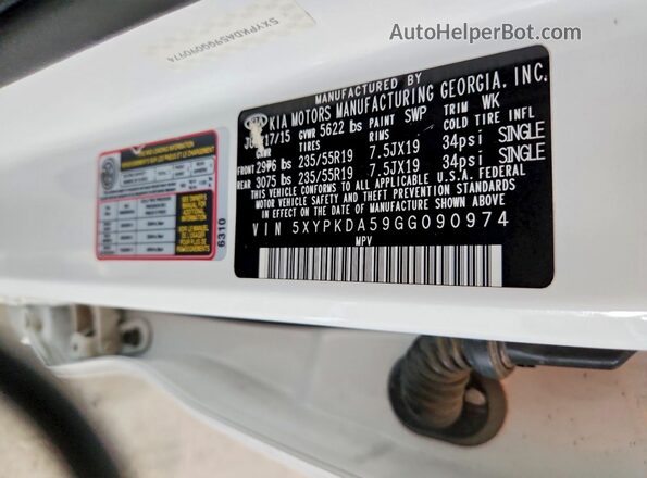 5XYPKDA59GG090974 2016 KIA SORENTO Белый Вид наклейки с VIN-кодом
