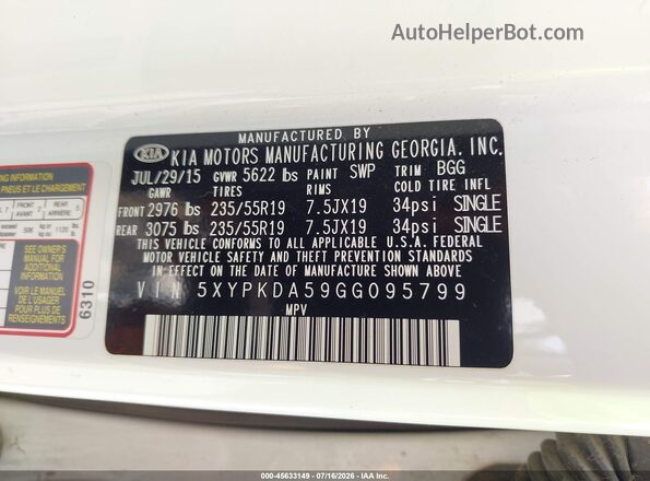5XYPKDA59GG095799 2016 KIA SORENTO White Widok komory silnika