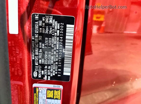 5XYPKDA5XJG413002 2018 KIA SORENTO Красный Вид наклейки с VIN-кодом