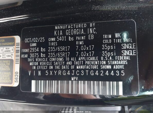 5XYRG4JC3TG424435 2026 KIA SORENTO Black Engine compartment view