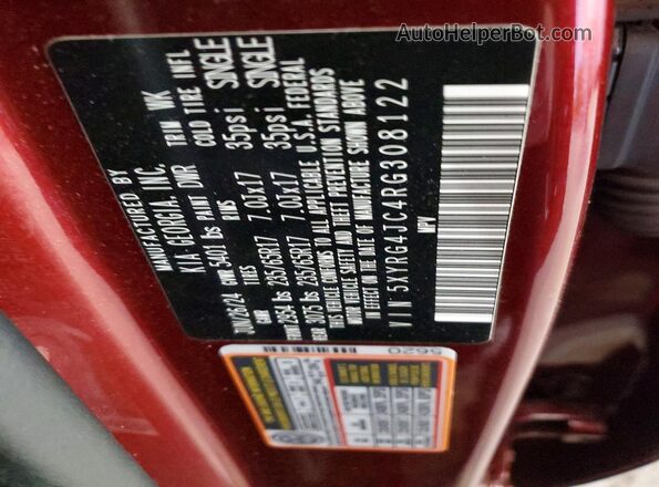 5XYRG4JC4RG308122 2024 KIA SORENTO Maroon Vista de la etiqueta del VIN