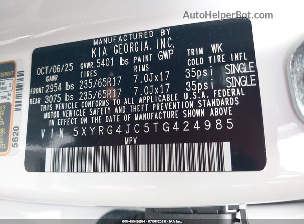 5XYRG4JC5TG424985 2026 KIA SORENTO White ძრავის განყოფილების ხედი