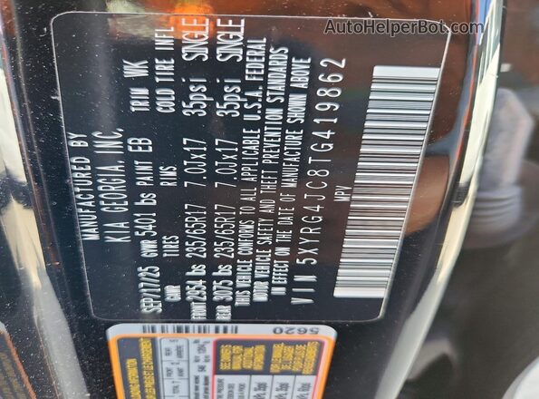 5XYRG4JC8TG419862 2026 KIA SORENTO Black Widok naklejki z numerem VIN
