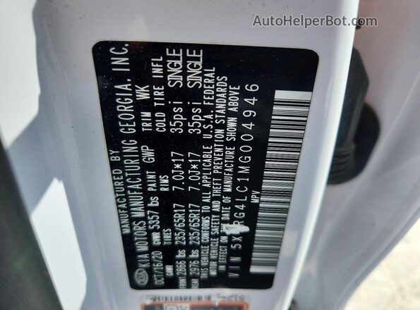 5XYRG4LC1MG004946 2021 KIA SORENTO Белый Вид наклейки с VIN-кодом