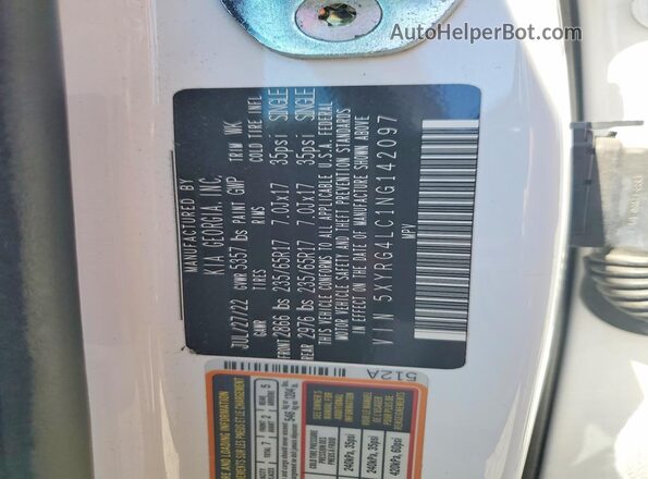 5XYRG4LC1NG142097 2022 KIA SORENTO Белый Вид наклейки с VIN-кодом