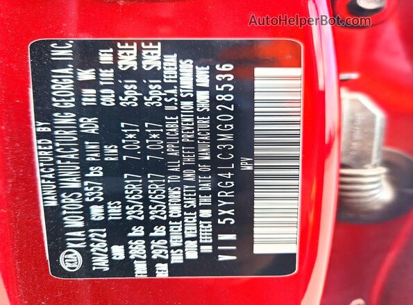 5XYRG4LC3MG028536 2021 KIA SORENTO Burgundy Widok wnętrza 360 stopni