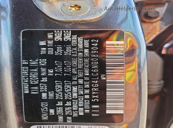5XYRG4LC6NG089042 2022 KIA SORENTO Gray Вид наклейки з VIN-кодом