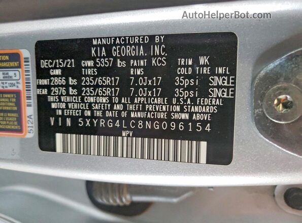 5XYRG4LC8NG096154 2022 KIA SORENTO Silver VIN կոդի պիտակի տեսք