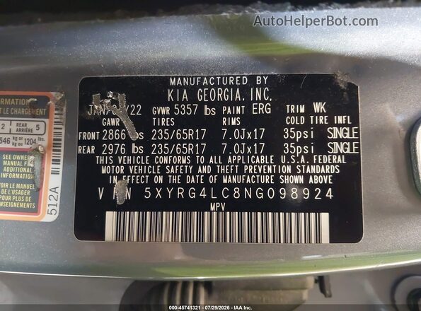 5XYRG4LC8NG098924 2022 KIA SORENTO Gray Widok komory silnika
