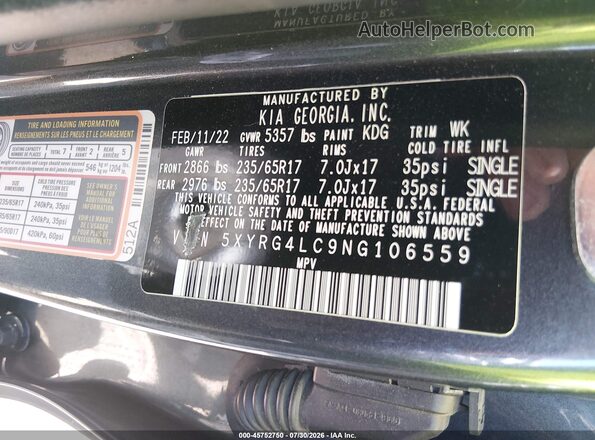 5XYRG4LC9NG106559 2022 KIA SORENTO Gray Engine compartment view