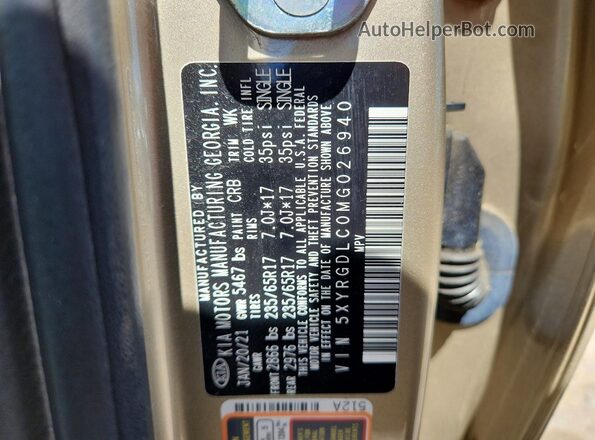 5XYRGDLC0MG026940 2021 KIA SORENTO Gold 360 interior view