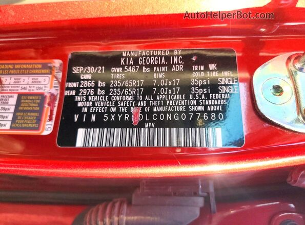 5XYRGDLC0NG077680 2022 KIA SORENTO Красный Панорамный вид салона 360°