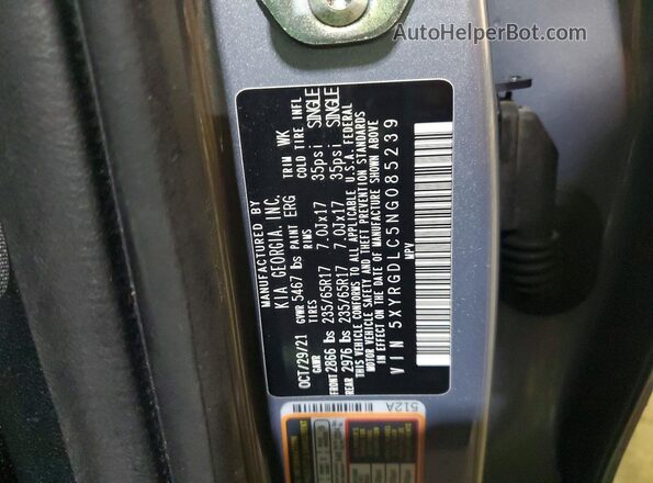 5XYRGDLC5NG085239 2022 KIA SORENTO Silver VIN կոդի պիտակի տեսք