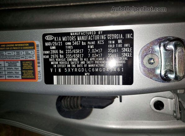 5XYRGDLC6MG045461 2021 KIA SORENTO Silver Widok naklejki z numerem VIN