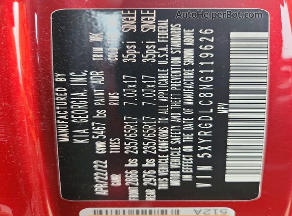 5XYRGDLC8NG119626 2022 KIA SORENTO Red VIN კოდის სტიკერის ხედი