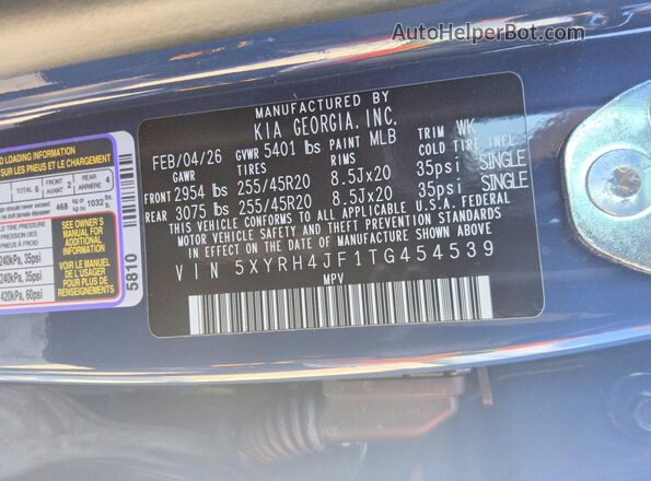 5XYRH4JF1TG454539 2026 KIA SORENTO Blue Вид наклейки з VIN-кодом