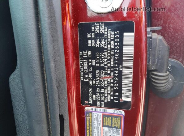5XYRH4JF7RG255035 2024 KIA SORENTO Red VIN կոդի պիտակի տեսք