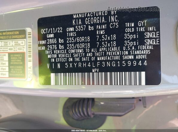5XYRH4LF3NG159944 2022 KIA SORENTO Gray Vista del compartimento del motor