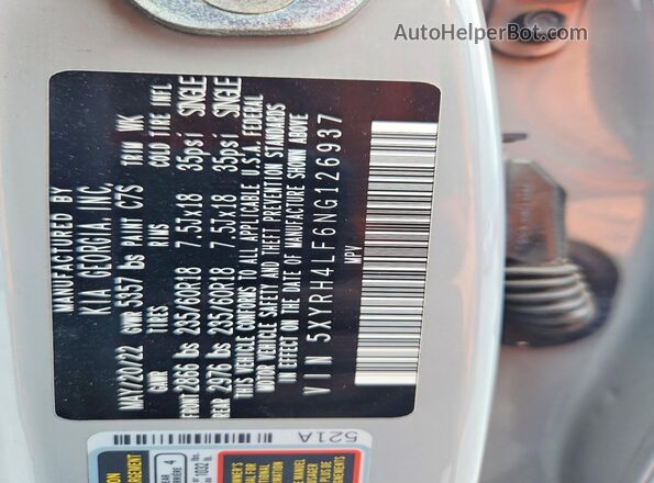 5XYRH4LF6NG126937 2022 KIA SORENTO Silver VIN კოდის სტიკერის ხედი