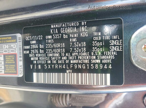 5XYRH4LF9NG158944 2022 KIA SORENTO Blue Vista de la etiqueta del VIN