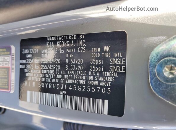 5XYRHDJF4RG255705 2024 KIA SORENTO Gray VIN კოდის სტიკერის ხედი