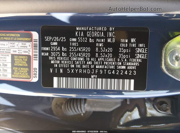 5XYRHDJF9TG422423 2026 KIA SORENTO Blue Vista del compartimento del motor