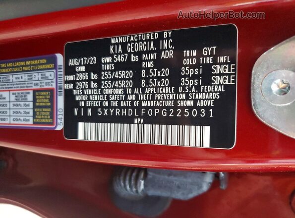 5XYRHDLF0PG225031 2023 KIA SORENTO Бордовый Вид наклейки с VIN-кодом