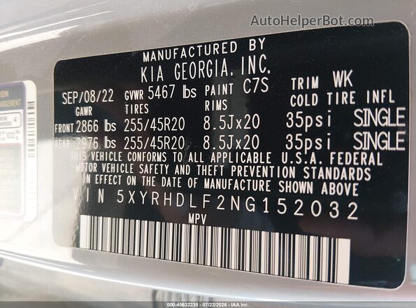 5XYRHDLF2NG152032 2022 KIA SORENTO Gray Engine compartment view
