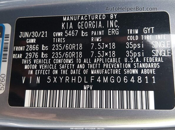 5XYRHDLF4MG064811 2021 KIA SORENTO Blue ძრავის განყოფილების ხედი